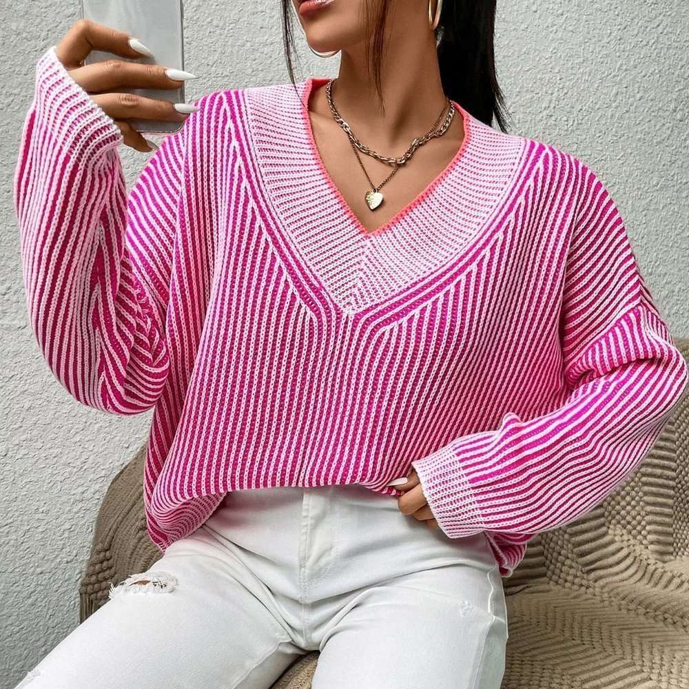 Pink Casual Womens Vertical Stripe Pattern Drop Shoulder Sweater - Picture 3 of 5